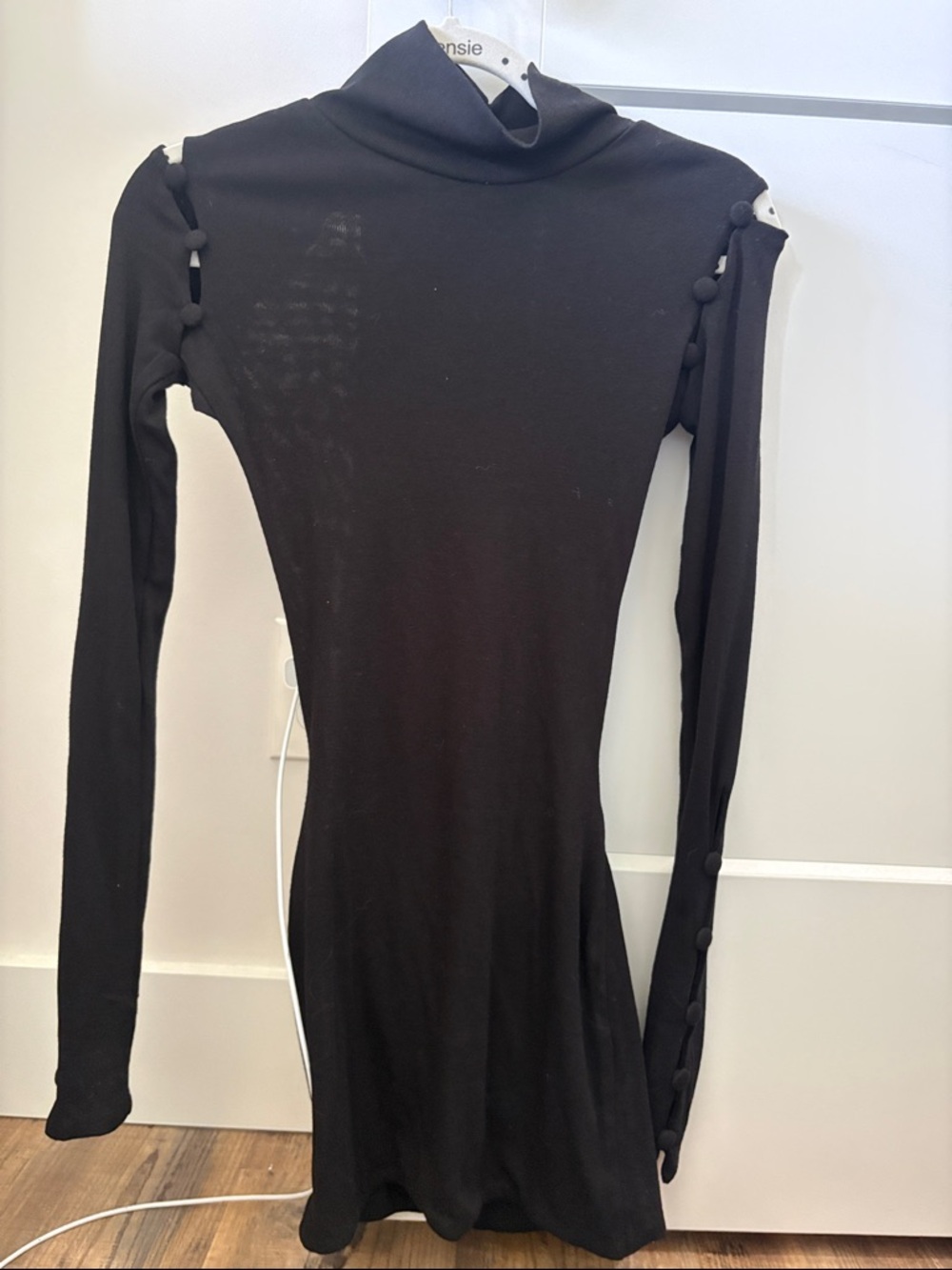 Black Long-Sleeve Turtleneck Dress with Button-Detail Sleeves
